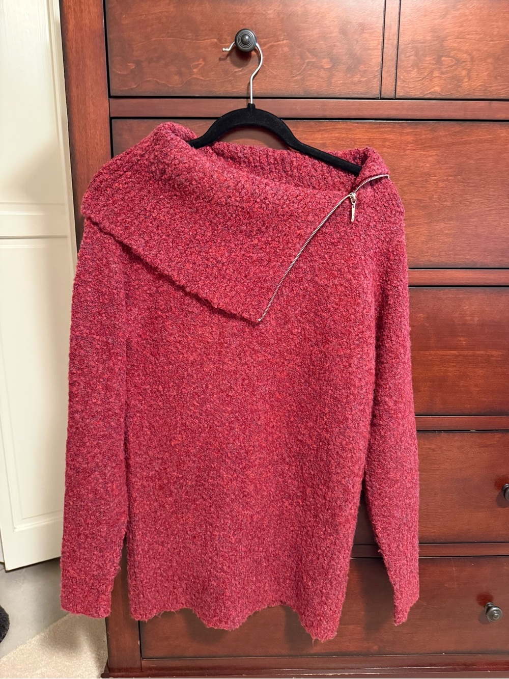 White House Black Market Red Bouclé Asymmetrical Zip-Trim Turtleneck Sweater